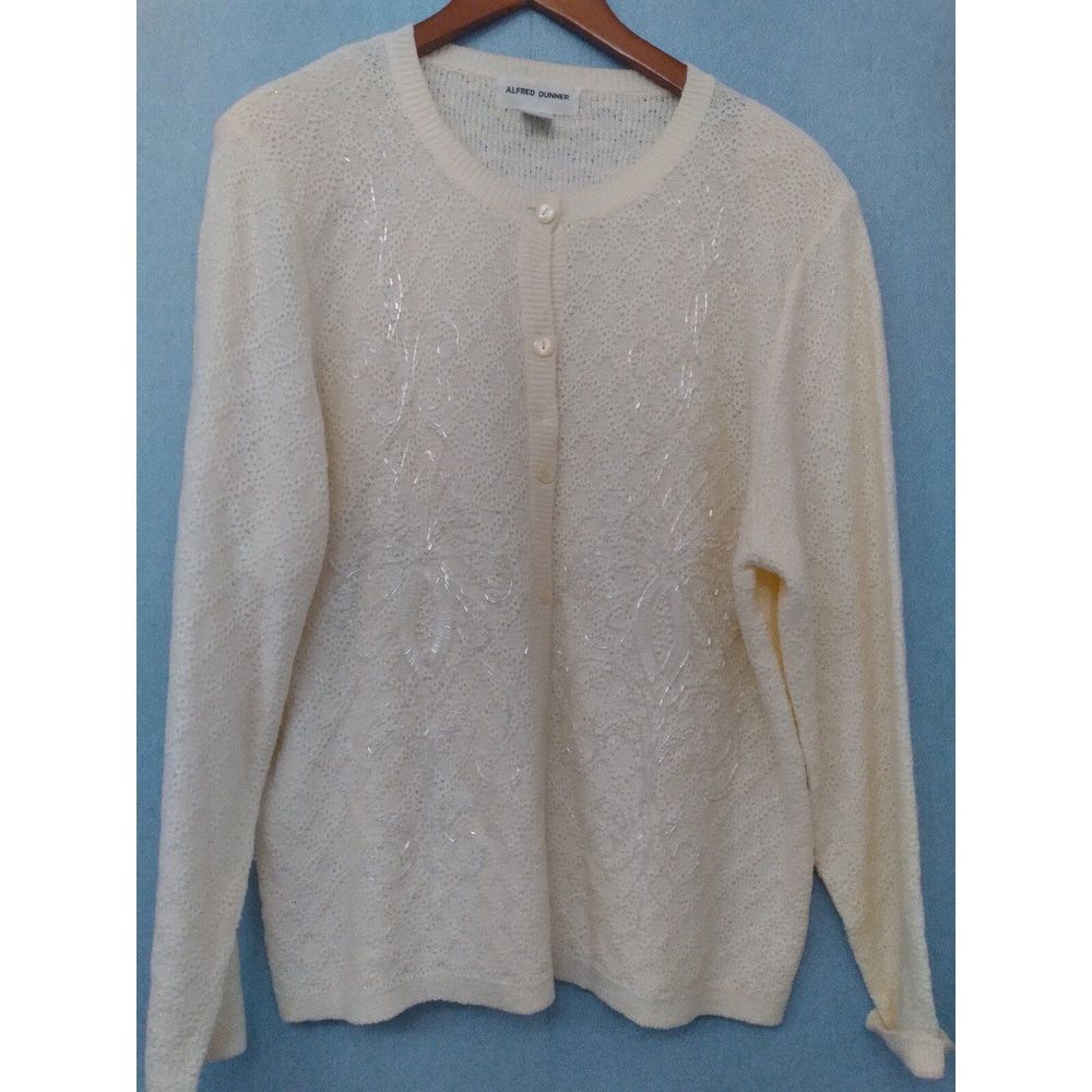 Alfred Dunner Cream Floral Embroidered ButtonUp Cardigan Sweater Holiday Sparkle